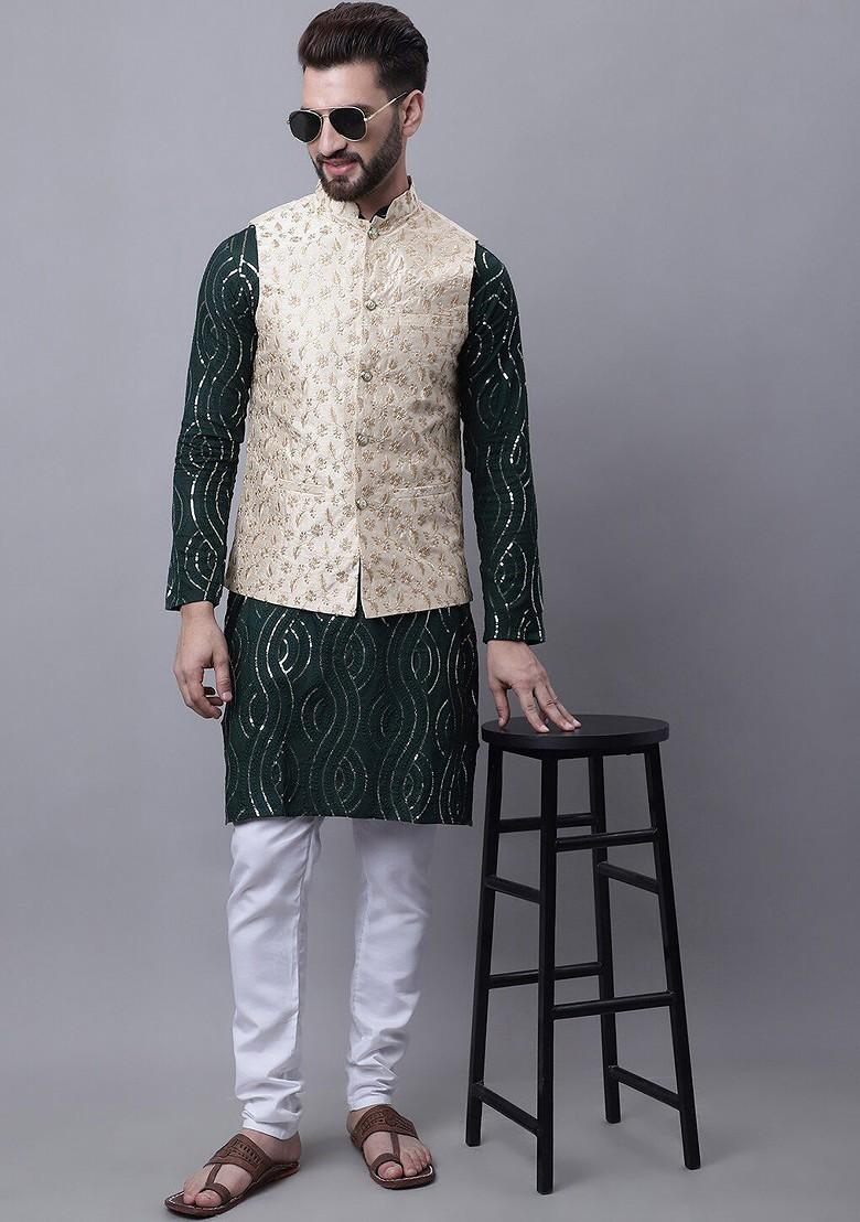 Green Embroidered Cotton Kurta Set For Men