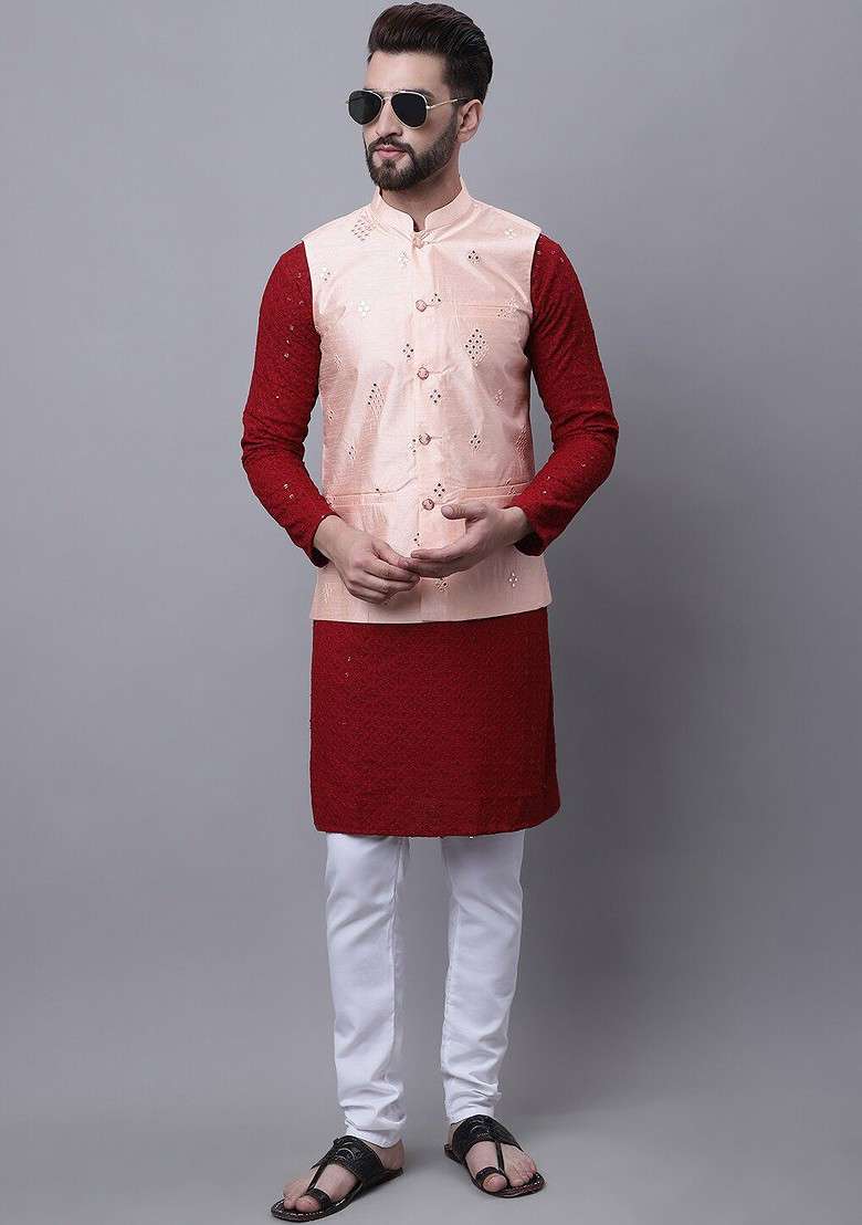 Maroon Embroidered Cotton Kurta Set For Men - Indya