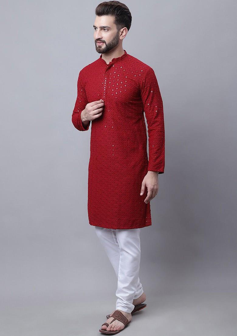 Maroon Embroidered Cotton Kurta Set For Men