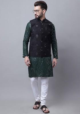 Green Embroidered Cotton Kurta Set For Men