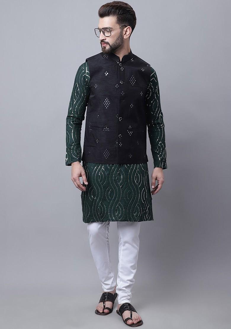 Green Embroidered Cotton Kurta Set For Men
