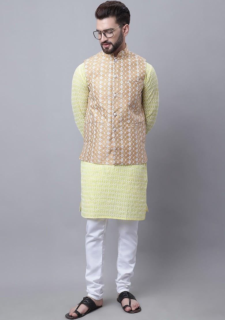 Yellow Embroidered Cotton Kurta Set For Men