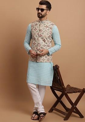 Blue Thread Work Cotton Kurta Set For Men