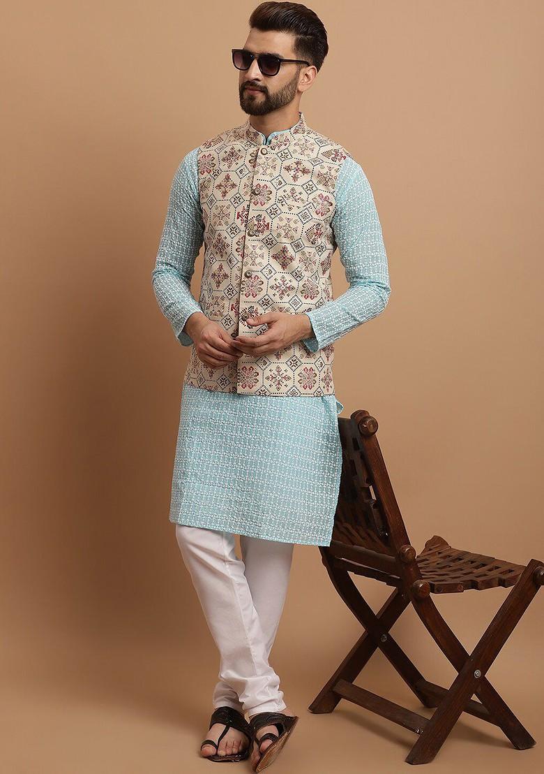 Blue Thread Work Cotton Kurta Set For Men