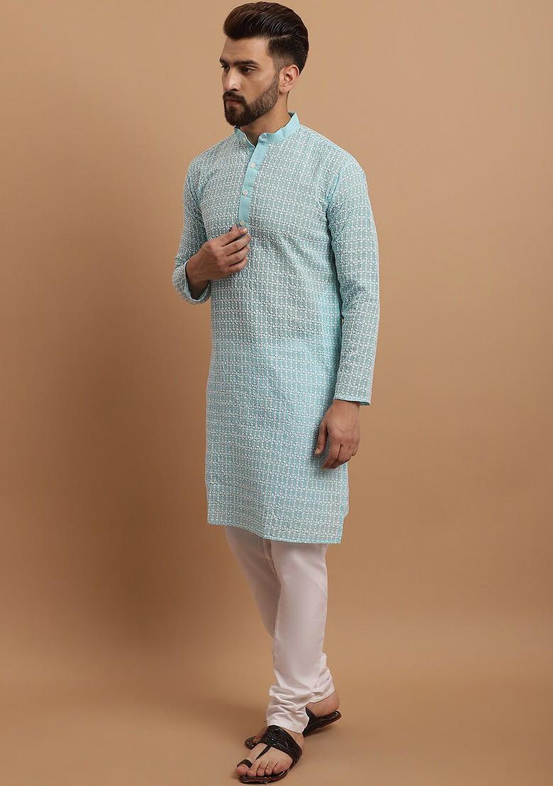 Blue Thread Work Cotton Kurta Set For Men