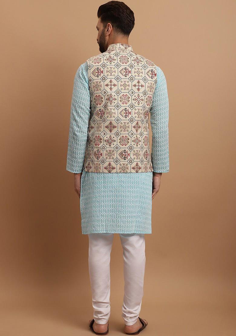 Blue Thread Work Cotton Kurta Set For Men