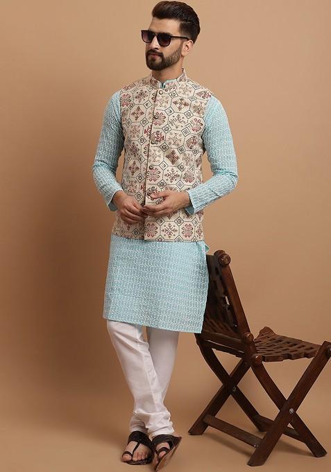 Blue Thread Work Cotton Kurta Set For Men