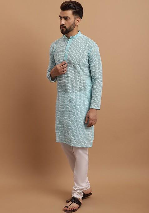 Blue Thread Work Cotton Kurta Set For Men