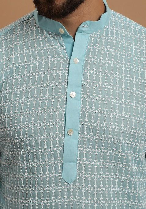 Blue Thread Work Cotton Kurta Set For Men