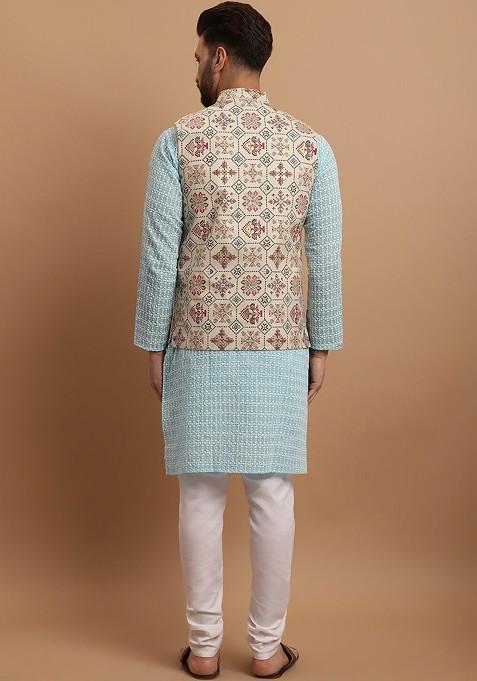 Blue Thread Work Cotton Kurta Set For Men