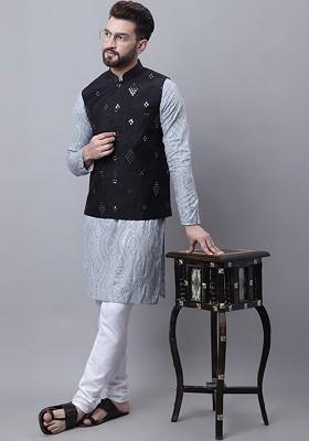 Grey Solid Cotton Kurta Set For Men