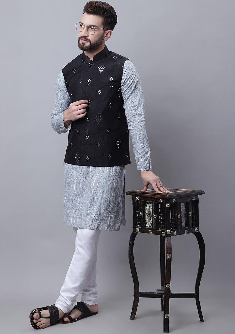 Grey Solid Cotton Kurta Set For Men
