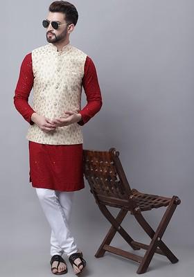 Maroon Embroidered Cotton Kurta Set For Men
