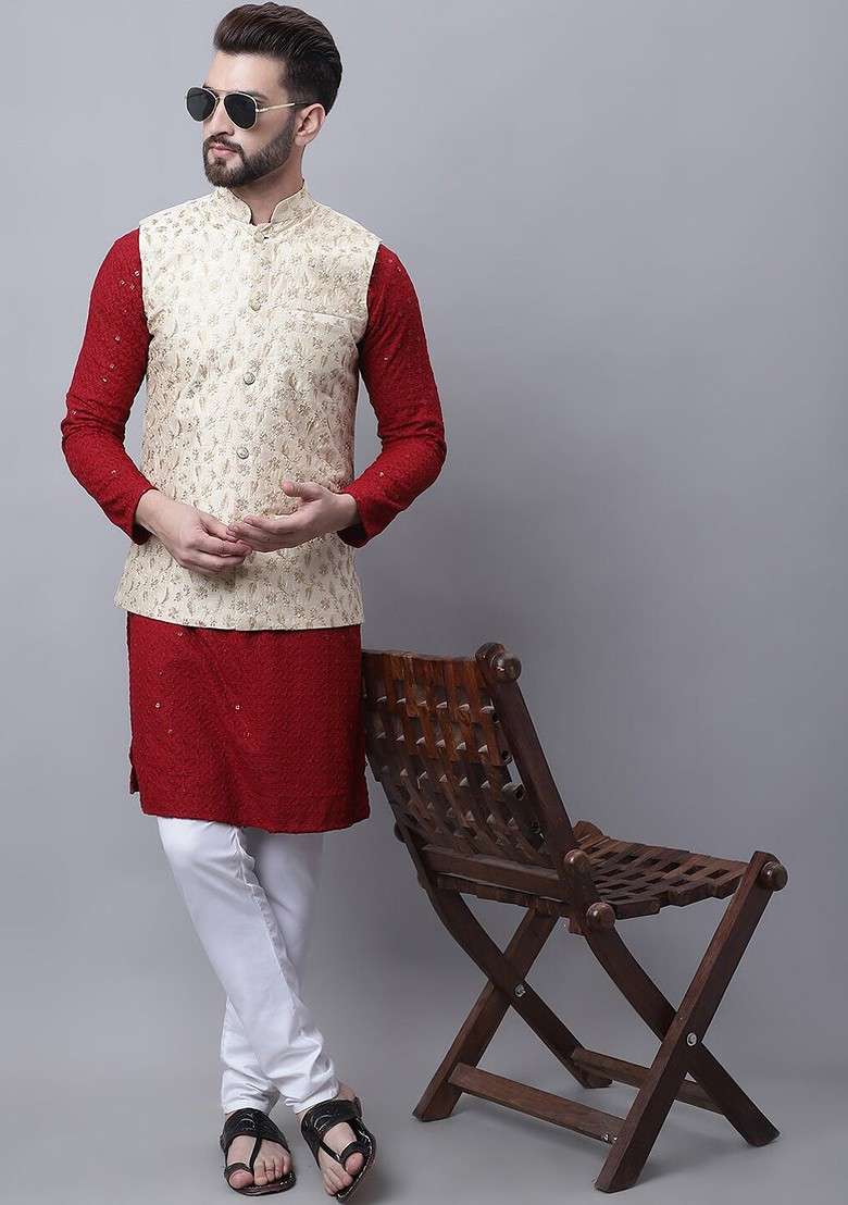 Maroon Embroidered Cotton Kurta Set For Men - Indya