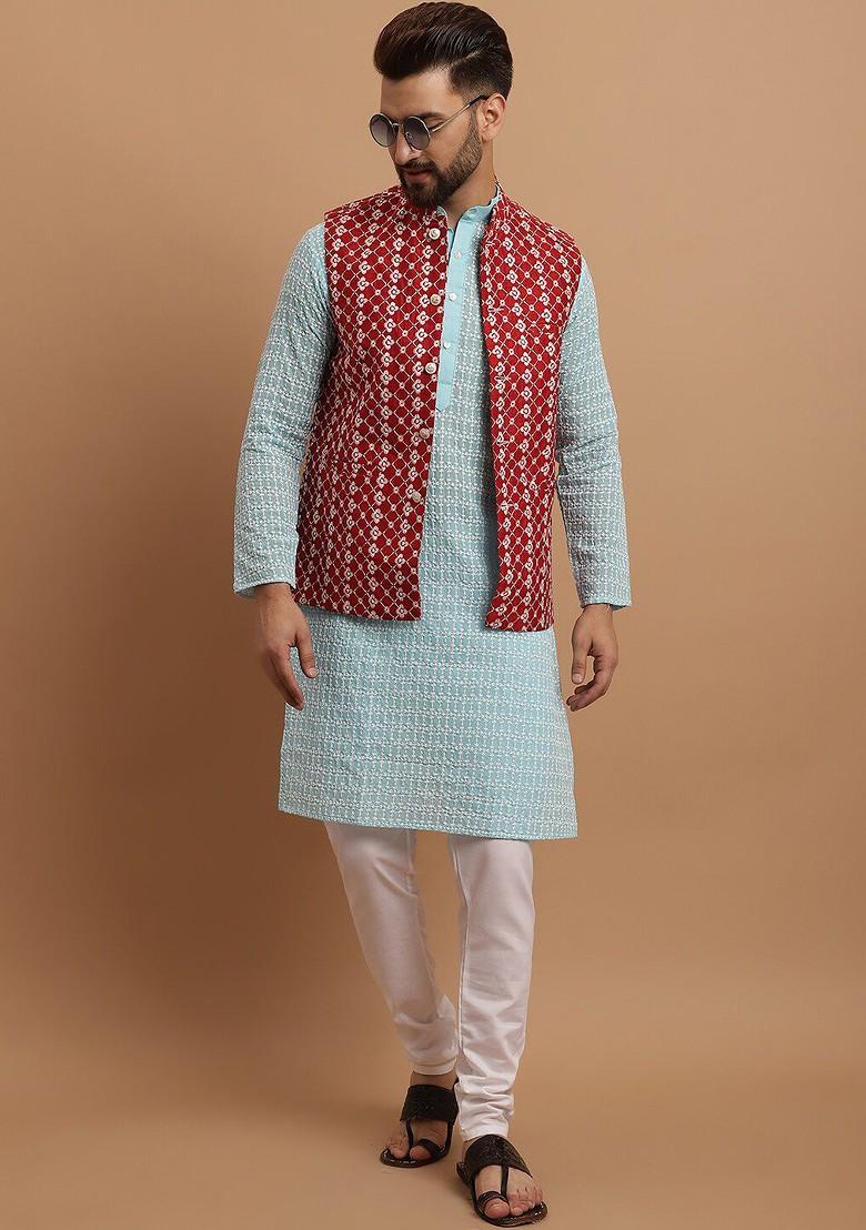 Blue Embroidered Cotton Kurta Set For Men