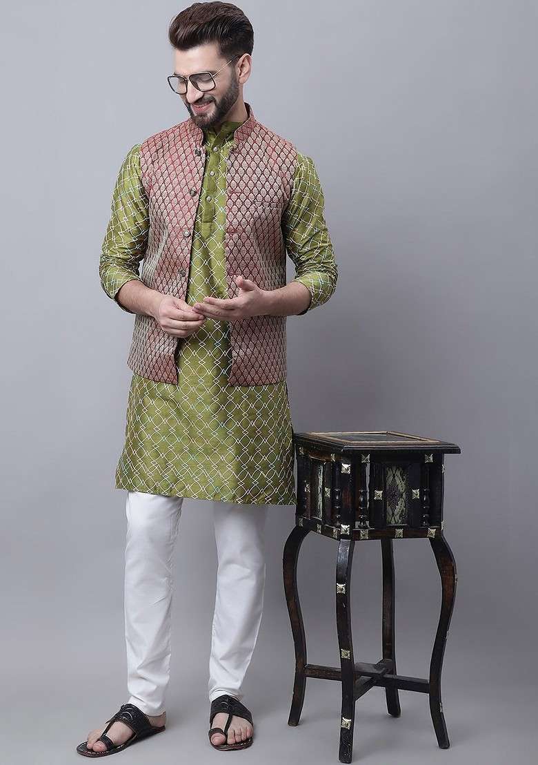 Olive Embroidered Poly Blend Kurta Set For Men - Indya