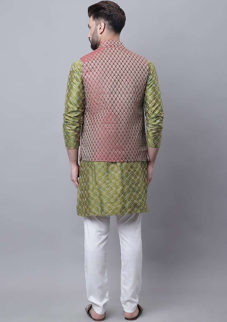 Olive Embroidered Poly Blend Kurta Set For Men - Indya