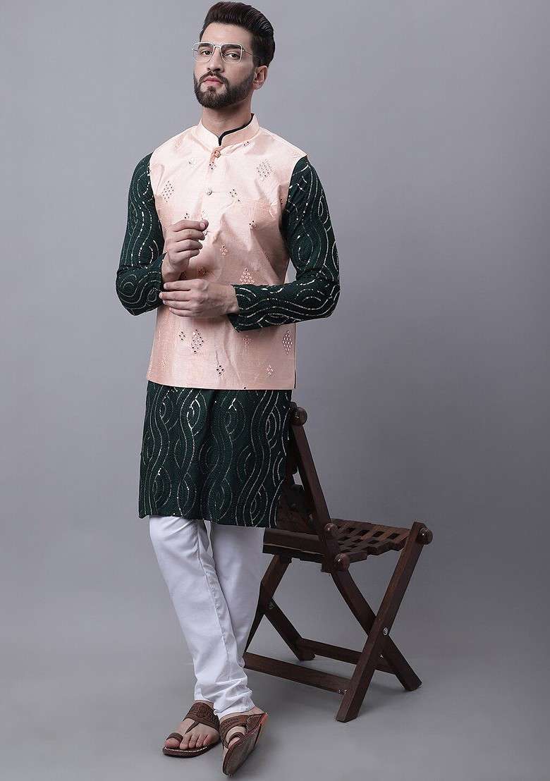 Green Mirror Work Cotton Kurta Set For Men - Indya