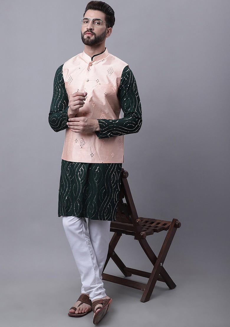 Green Mirror Work Cotton Kurta Set For Men