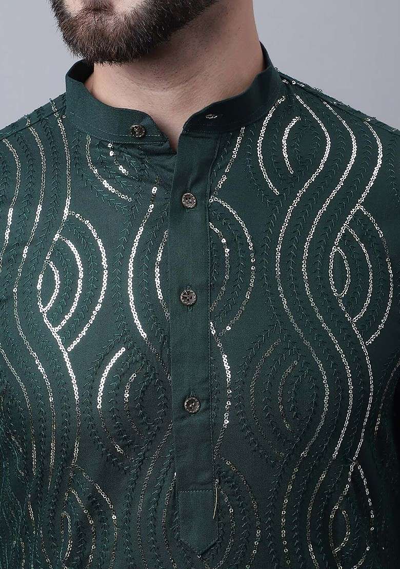Green Mirror Work Cotton Kurta Set For Men - Indya