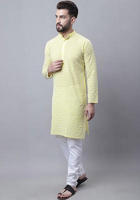 Yellow Embroidered Cotton Kurta Set For Men