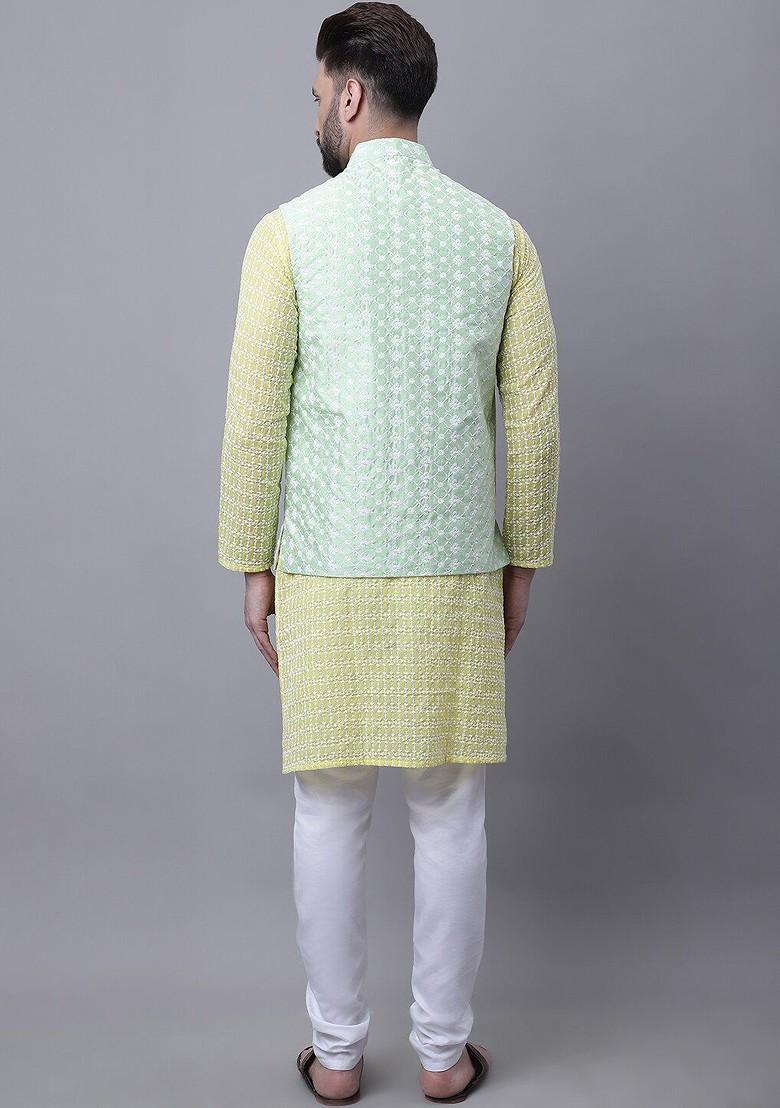 Yellow Embroidered Cotton Kurta Set For Men