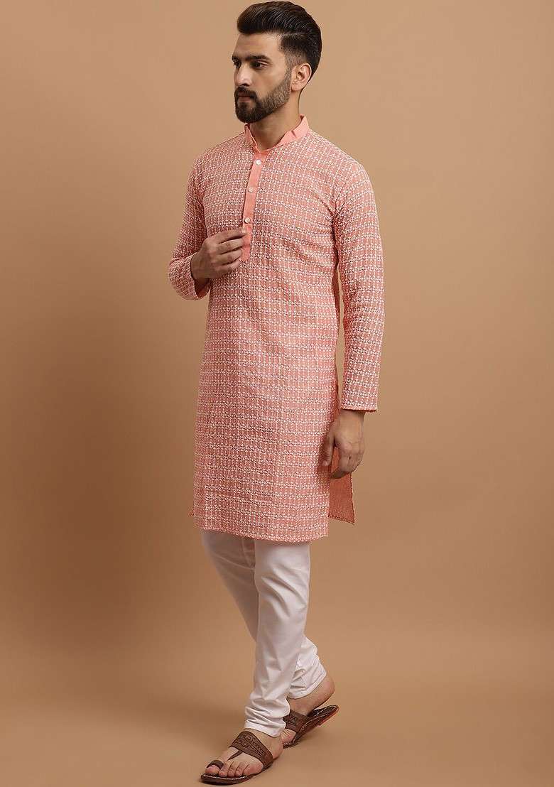 Peach Embroidered Cotton Kurta Set For Men - Indya