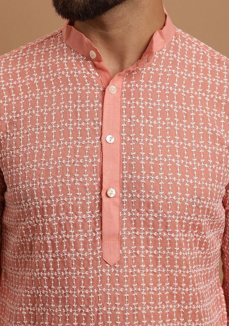 Peach Embroidered Cotton Kurta Set For Men