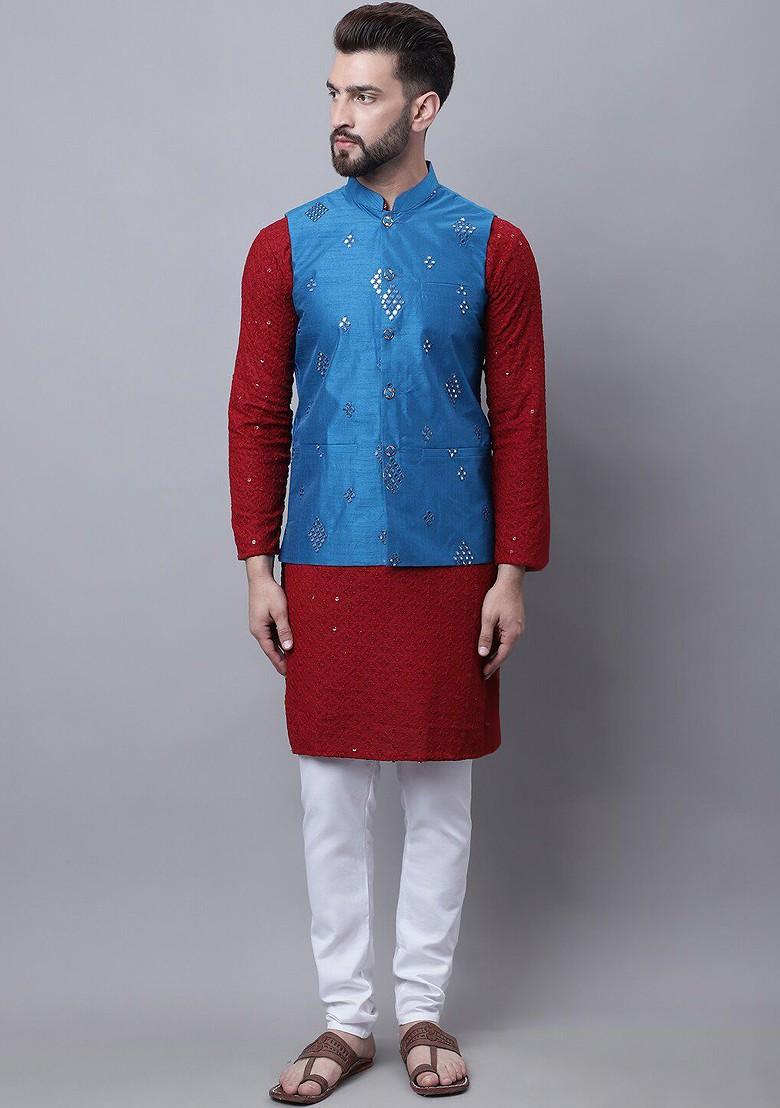 Maroon Embroidered Cotton Kurta Set For Men