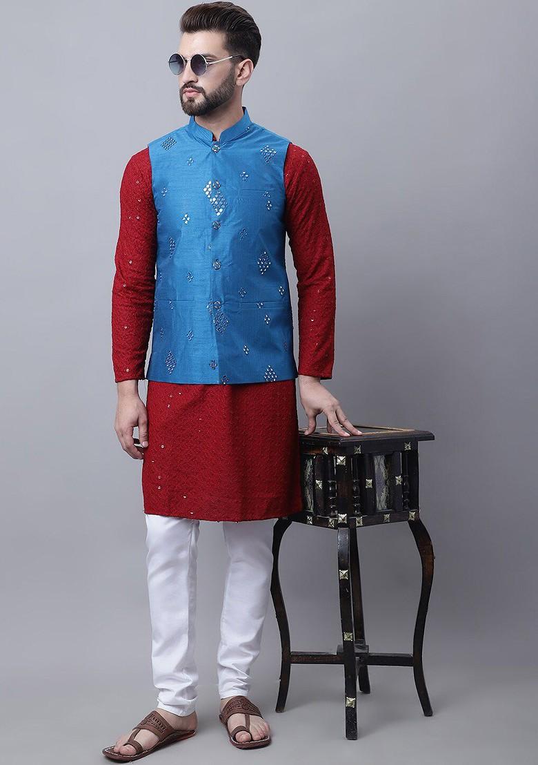 Maroon Embroidered Cotton Kurta Set For Men