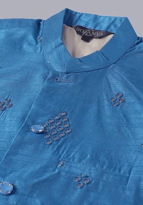 Maroon Embroidered Cotton Kurta Set For Men