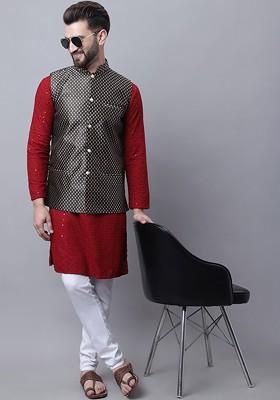 Maroon Embroidered Cotton Kurta Set For Men