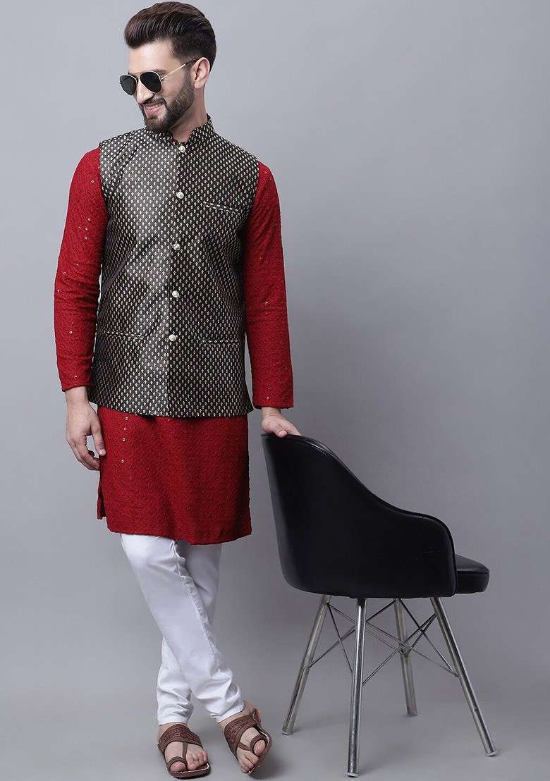 Maroon Embroidered Cotton Kurta Set For Men - Indya