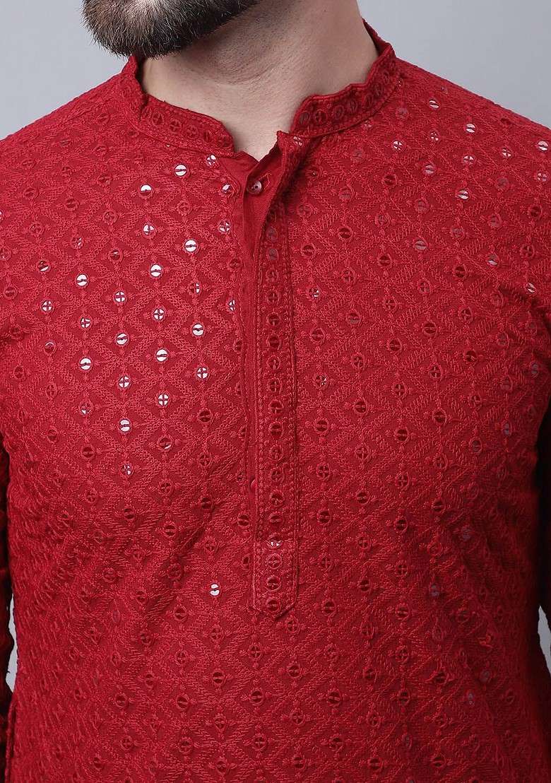 Maroon Embroidered Cotton Kurta Set For Men - Indya