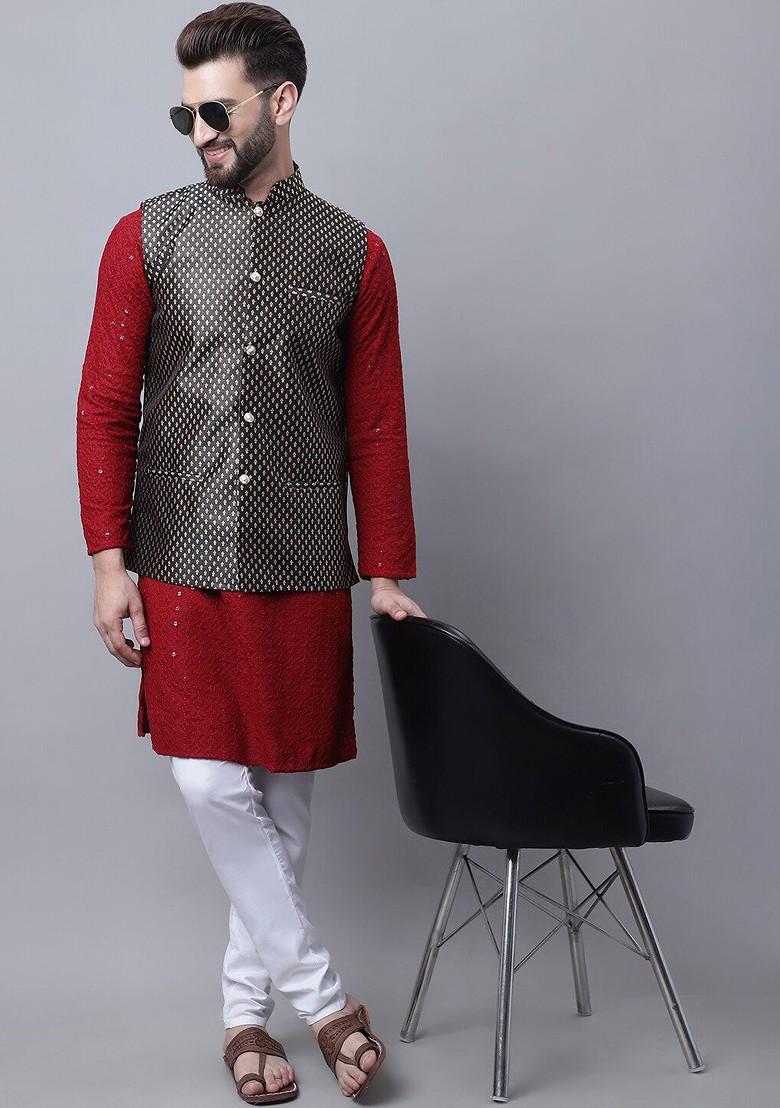 Maroon Embroidered Cotton Kurta Set For Men