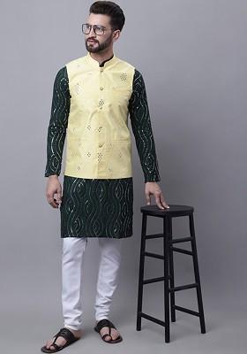 Green Ethnic Motifs Cotton Kurta Set For Men