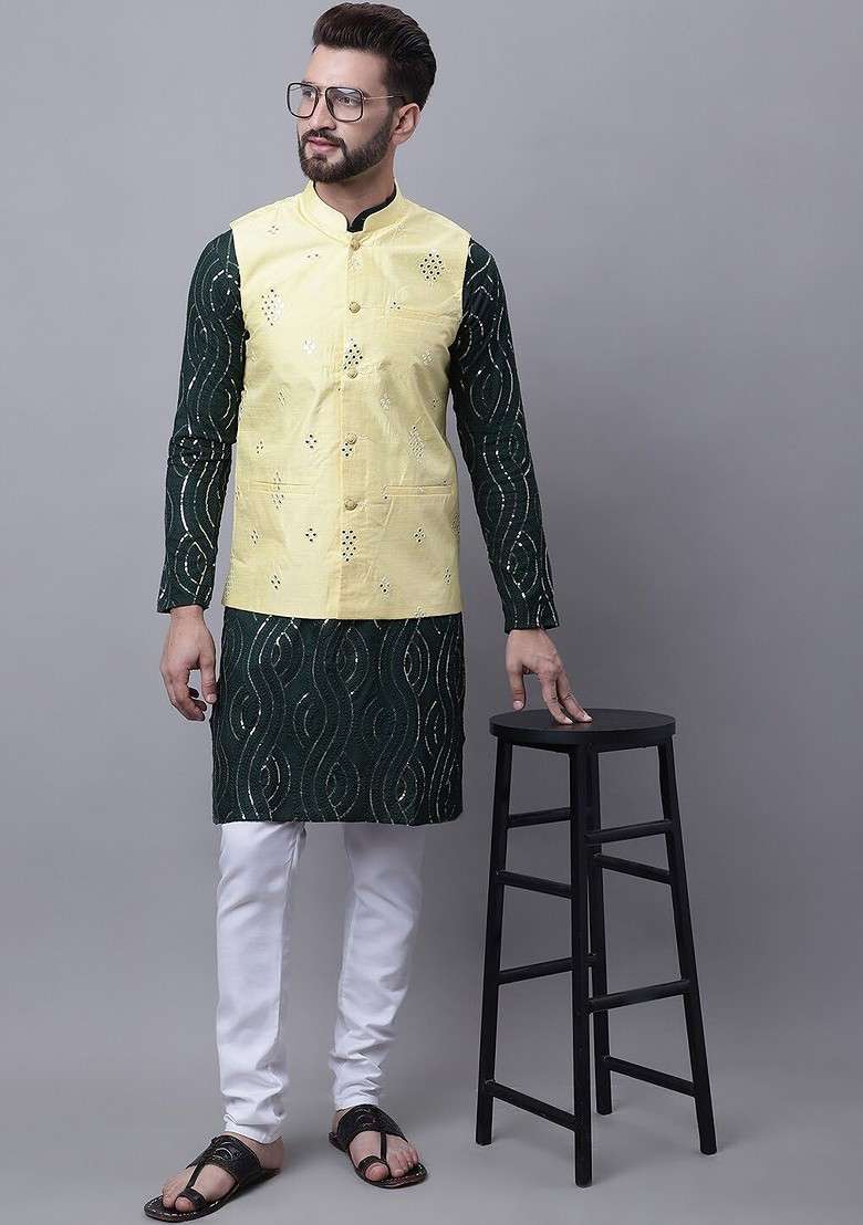 Green Ethnic Motifs Cotton Kurta Set For Men - Indya