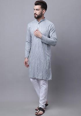 Grey Embroidered Cotton Kurta Set For Men