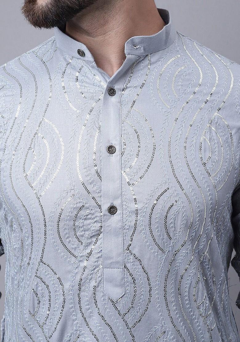 Grey Embroidered Cotton Kurta Set For Men