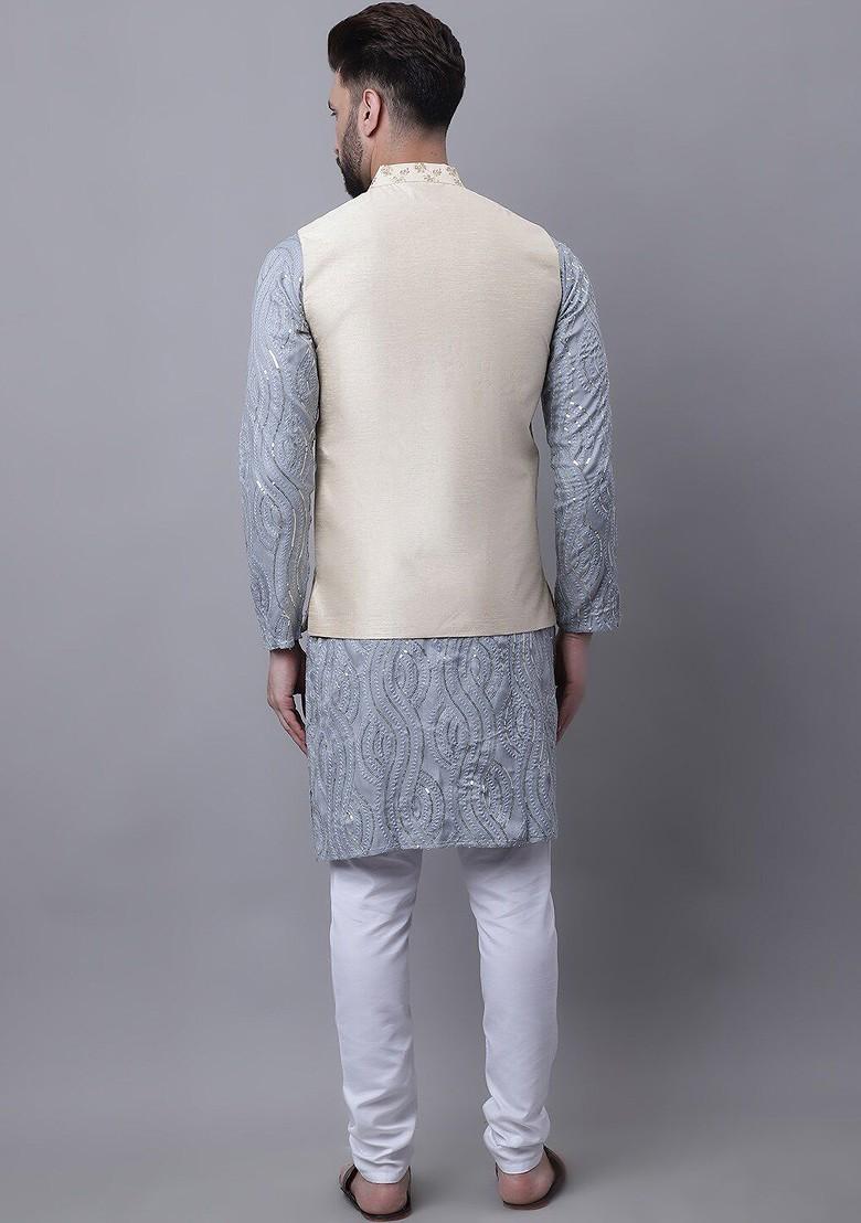 Grey Embroidered Cotton Kurta Set For Men