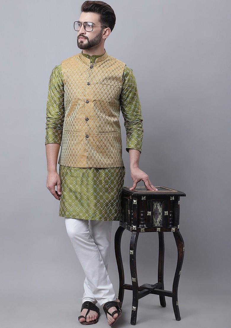 Olive Embroidered Poly Blend Kurta Set For Men