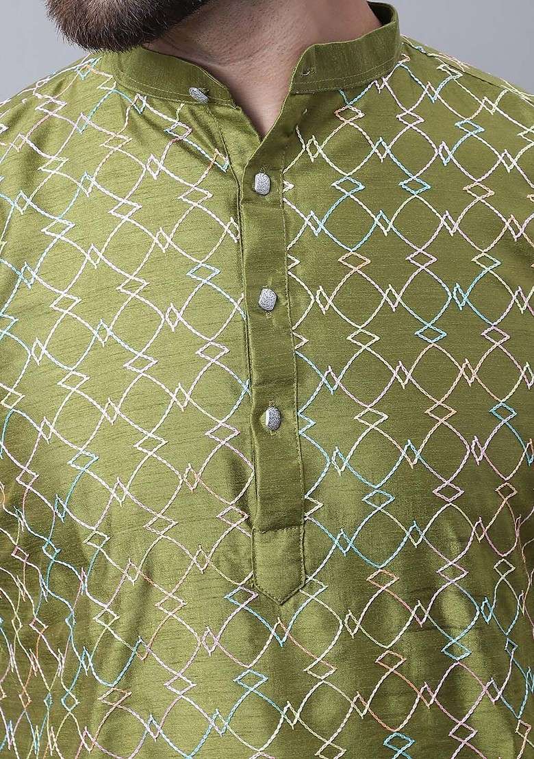 Olive Embroidered Poly Blend Kurta Set For Men - Indya
