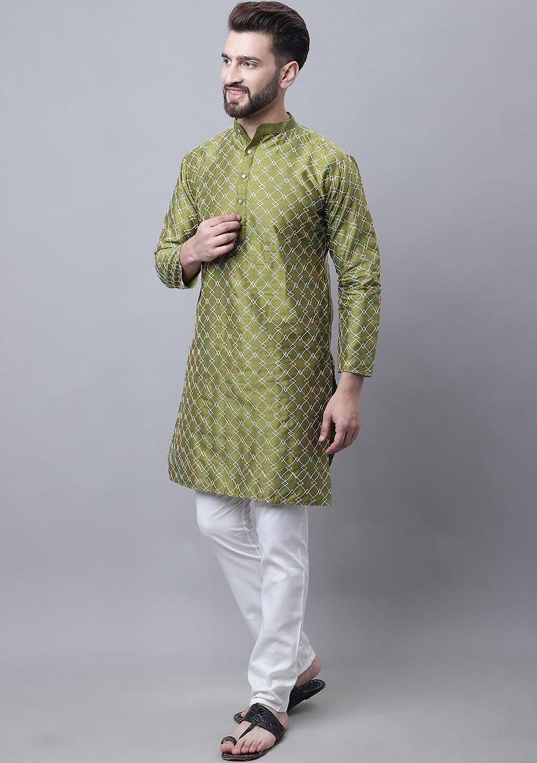 Olive Embroidered Poly Blend Kurta Set For Men