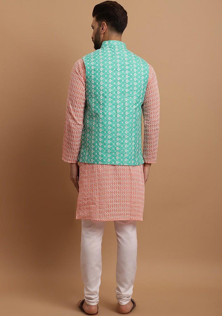 Peach Embroidered Cotton Kurta Set For Men