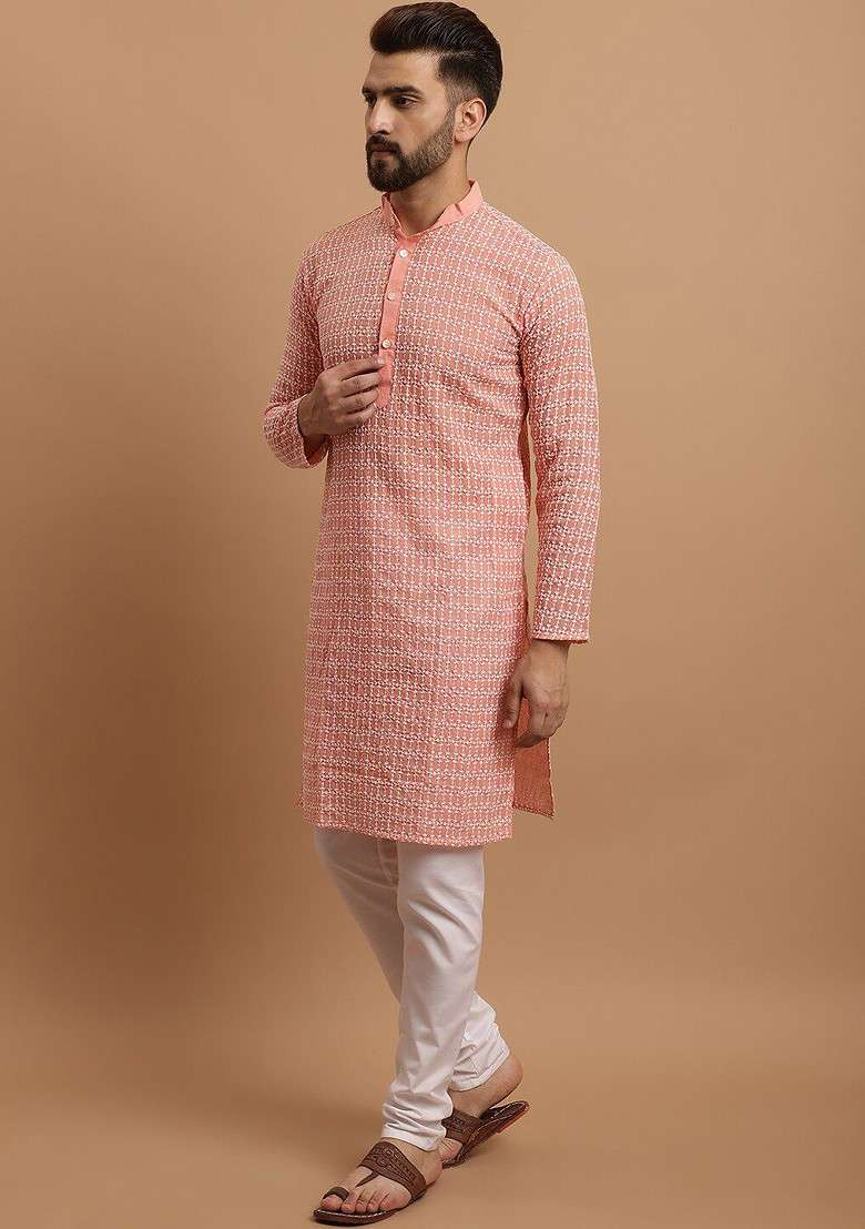 Peach Embroidered Cotton Kurta Set For Men - Indya