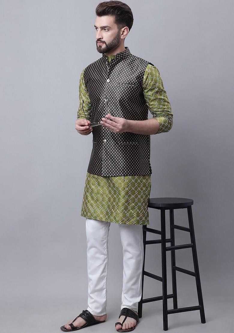 Olive Embroidered Poly Blend Kurta Set For Men