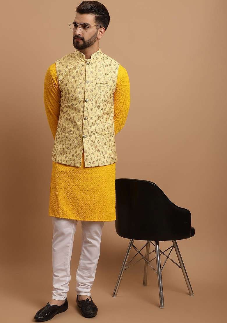 Mustard Embroidered Cotton Kurta Set For Men - Indya