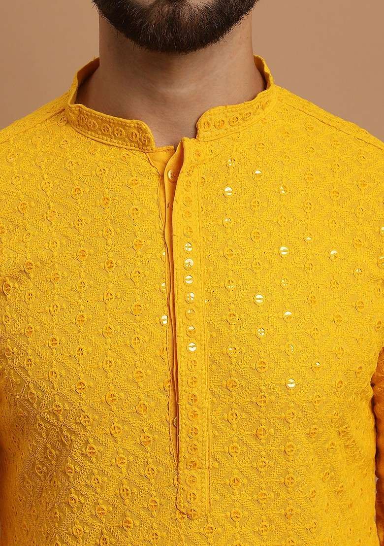 Mustard Embroidered Cotton Kurta Set For Men - Indya