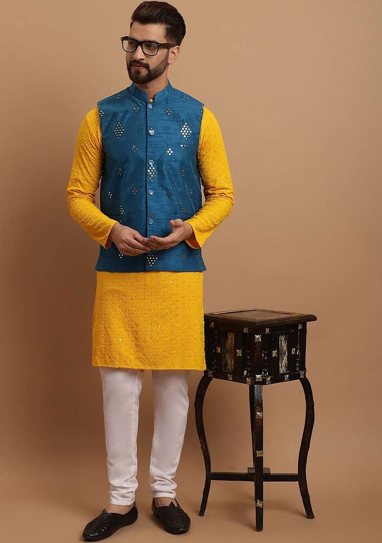 Mustard Embroidered Cotton Kurta Set For Men - Indya