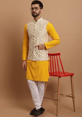 Mustard Embroidered Cotton Kurta Set For Men